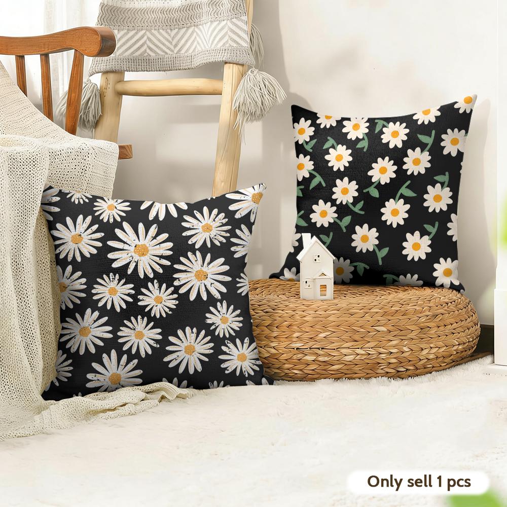 Black Daisy Cushion Cover Natural Linen Organic Fabric DoubleSided Printing Couch Pillow Covers Home Decor