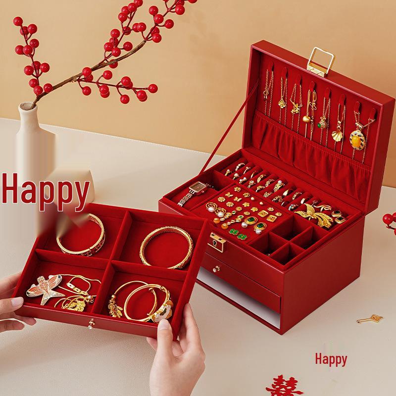 Multilayer Leather Wedding Jewelry Storage Box with Drawers for Necklaces and Rings