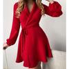 Womens Elegant Wrap-Style Colorblock Tie-Waist Dress With V-Neck Long Sleeve Asymmetrical Hem