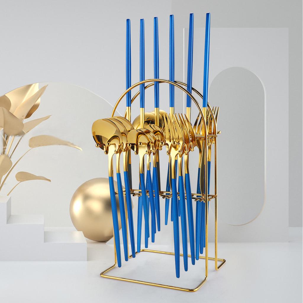 Stainless Steel Tableware Set with 24 Knives Forks and Spoons Home Storage Rack for Western Style Steak