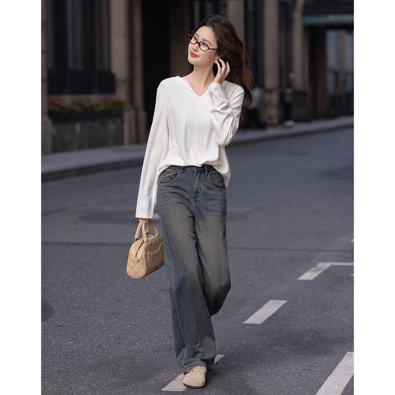 Women's V-Neck Long Sleeve Relaxed Fit T-Shirt