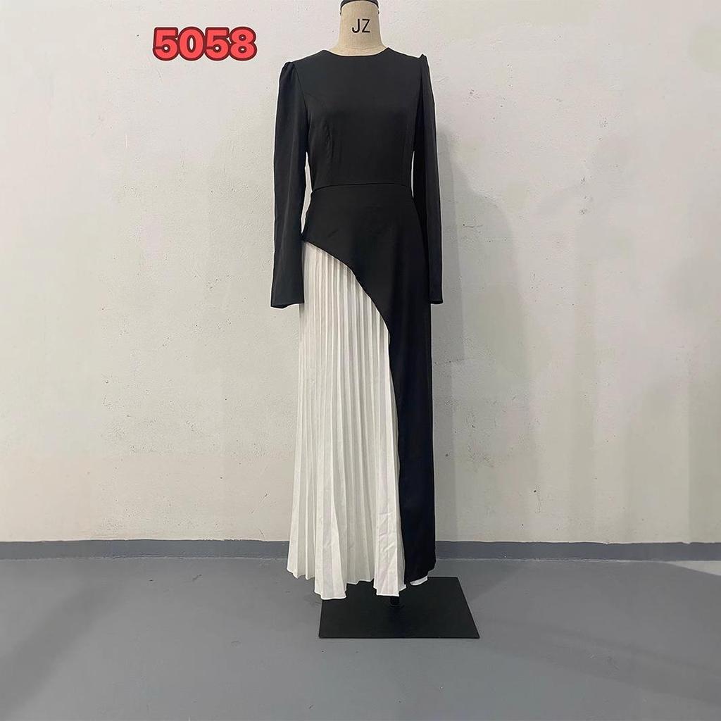 2025 Herbst/Winter Europäisch & Amerikanisch Colorblock Langarm Plissiertes Slim-Taille Bindekleid