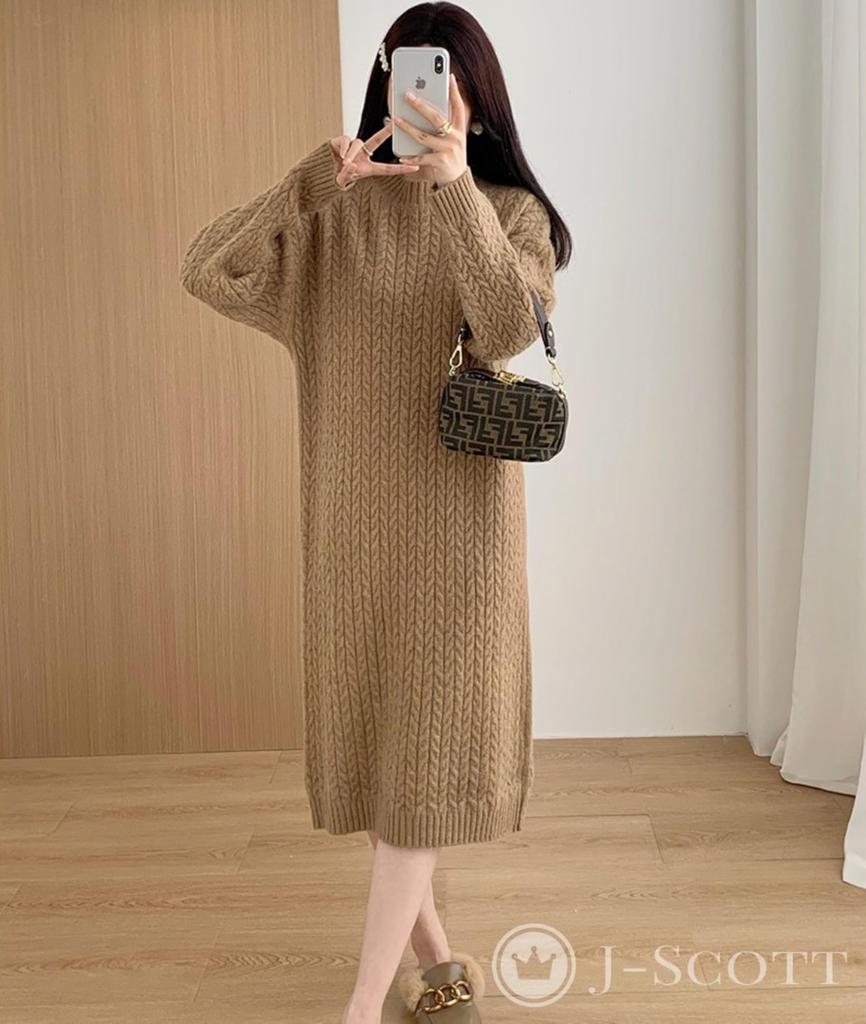 J-Scott Women's Knit Cable Knit Dress, Round Neck, Knee-Length, I-Line, Brown, JS118-BR-M (Limited Stock)
