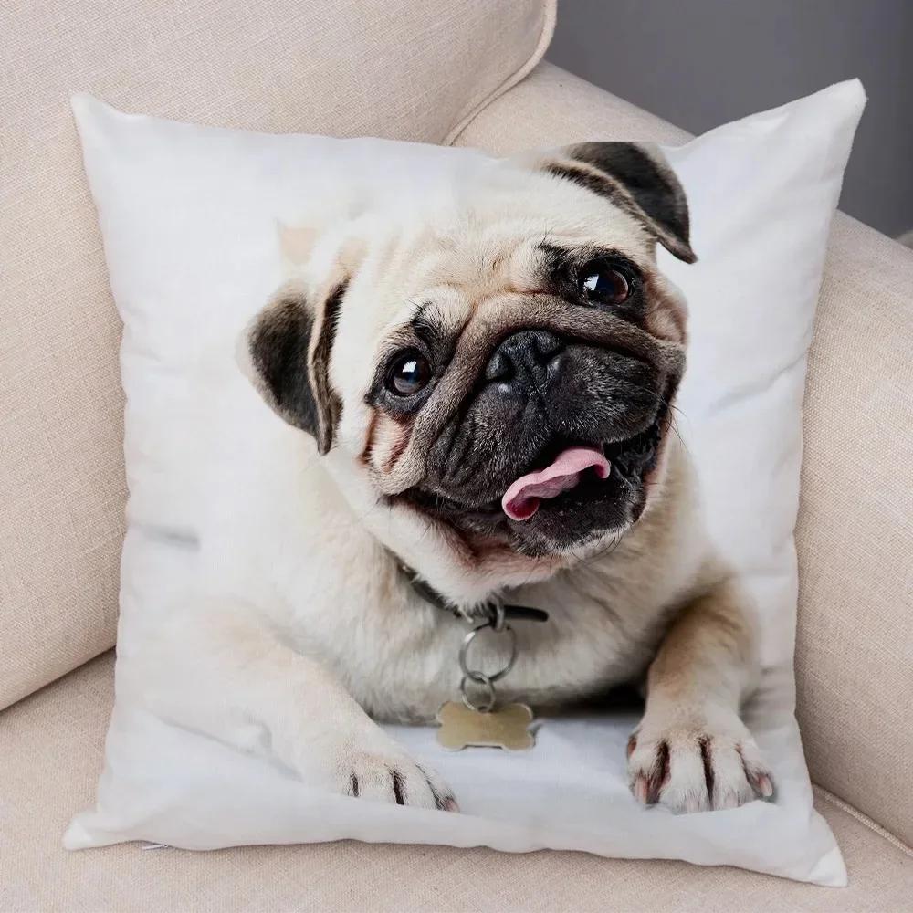 VIKAMA Nordic-Style Adorable Dog Cushion Cover Pug Print Cushion Cover Bedroom Living Room Sofa Decorative Cushion Cover