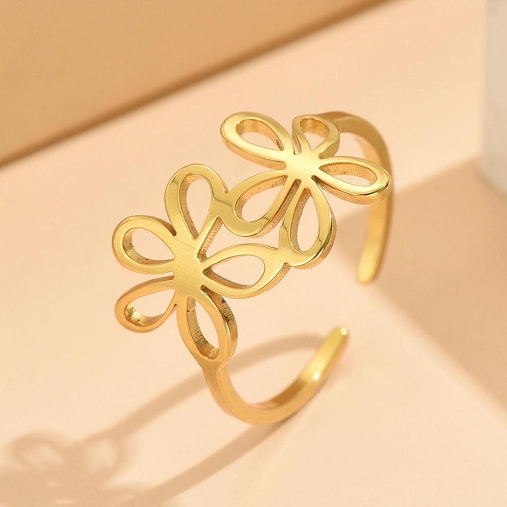 Adjustable Stainless Steel Sweet Flower Open Ring: Elegant Forest Style