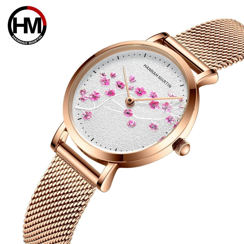 Hannah Martin Damen Luxus Neue 3D Kirschblüte Serie Stahl Gürtel Wasserdicht Quarz Damen Uhr Romantische Kirschblüte Uhr Frauen