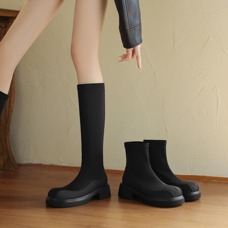 Autumn and Winter Women's Platform Fashion Boots Non-slip Large Size Women's Boots Round Head High Boots Women's Middle Heel New Square Heel Leathe