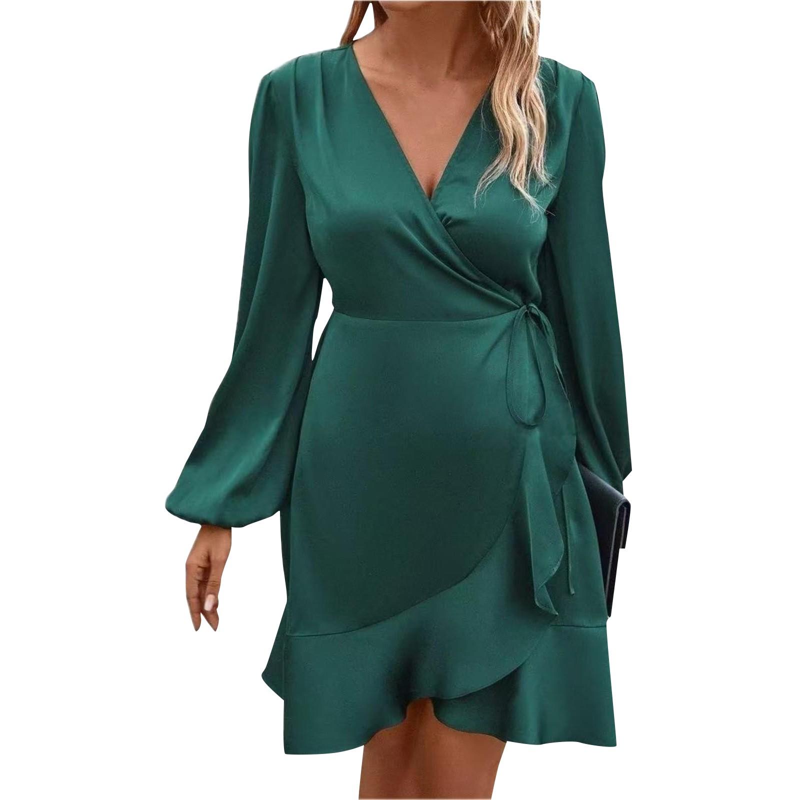 

Жіноча повсякденна міді-сукня з V-подібним вирізом і талією з низьким вирізом, атласна спідниця з рюшами, сукні з китицями L