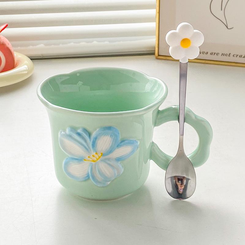 Ins Style High Value Flower Mug Girls Office Ceramic Drinking Cup Korean Coffee Cup Milk Cup
