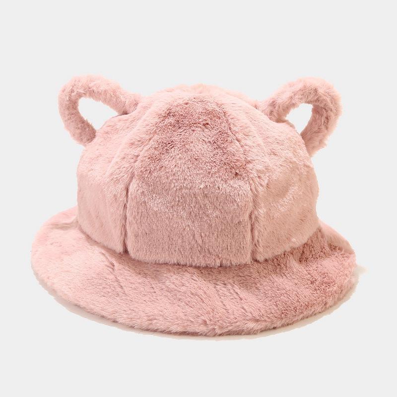 Women's Bucket Hat Winter Cute Cat Ear Plush Fisherman Cap Keep Warm Faux Fur Leopard Bob Cap Female