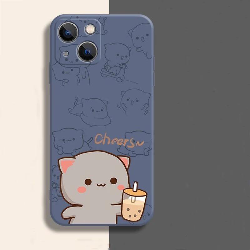 Cute Couple Cats on Call Pattern Phone Case for iPhone 17 16 15 14 13 12 11 16E Series Pro Max Plus Double Layer Protection