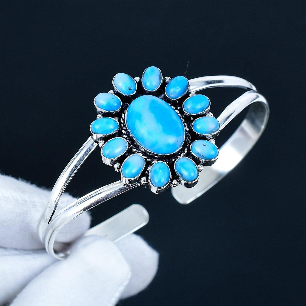 Sleeping Beauty Turquoise Gemstone Handmade Cuff Bangle 925 Sterling Silver Cuff Bangle, Turquoise Flower Shape Bracelet For Wife, Unisex Bangle