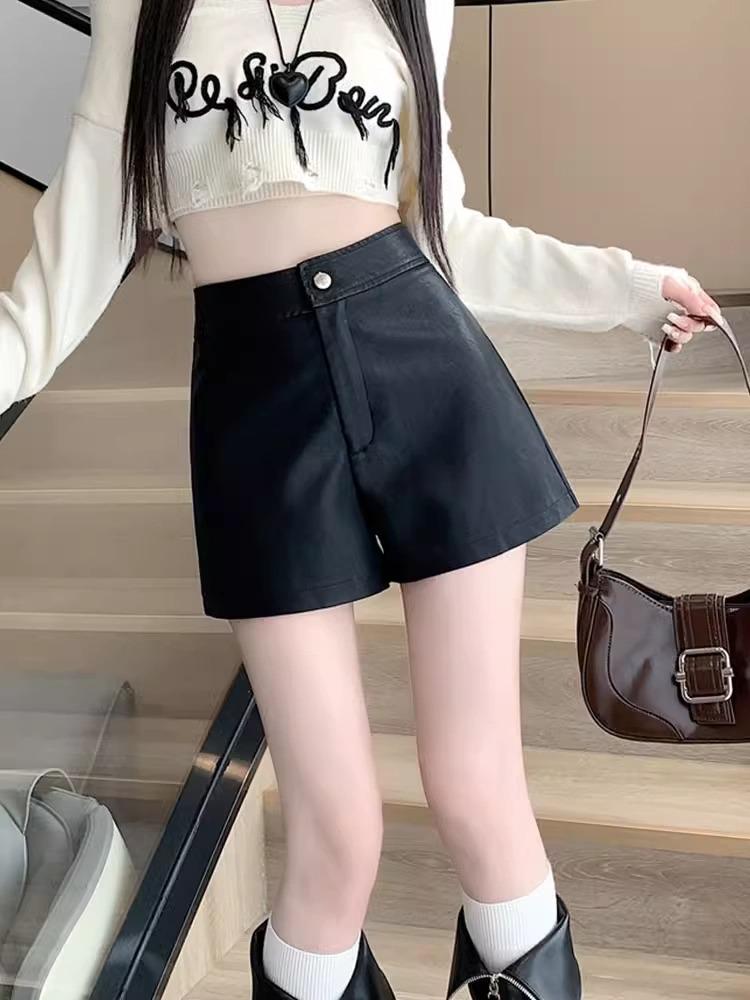 

Женские кожаные шорты с высокой талией: Похудение, Облегание бедер, Мода Осень/Зима L чёрный