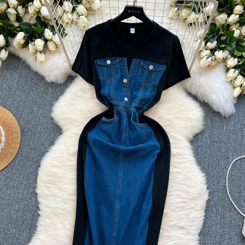 New Trendy Casual Dress Women's Contrast Vintage Denim Panel Short Sleeve Slim Fit Pencil Dress