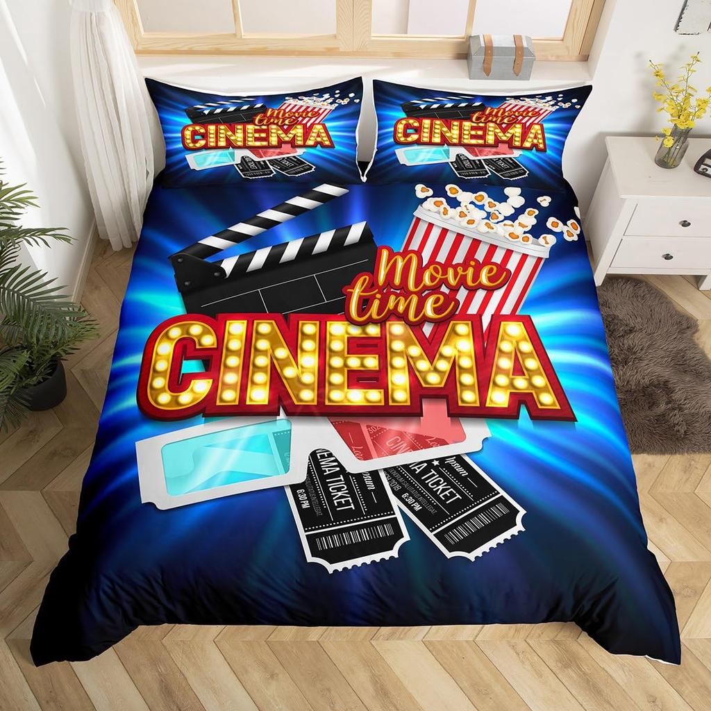 Movie Theme Duvet Cover Movie Theater Decor Bedding Set Full King Vintage Cinema Ticket Clapboard Popcorn Print Comforter Cover