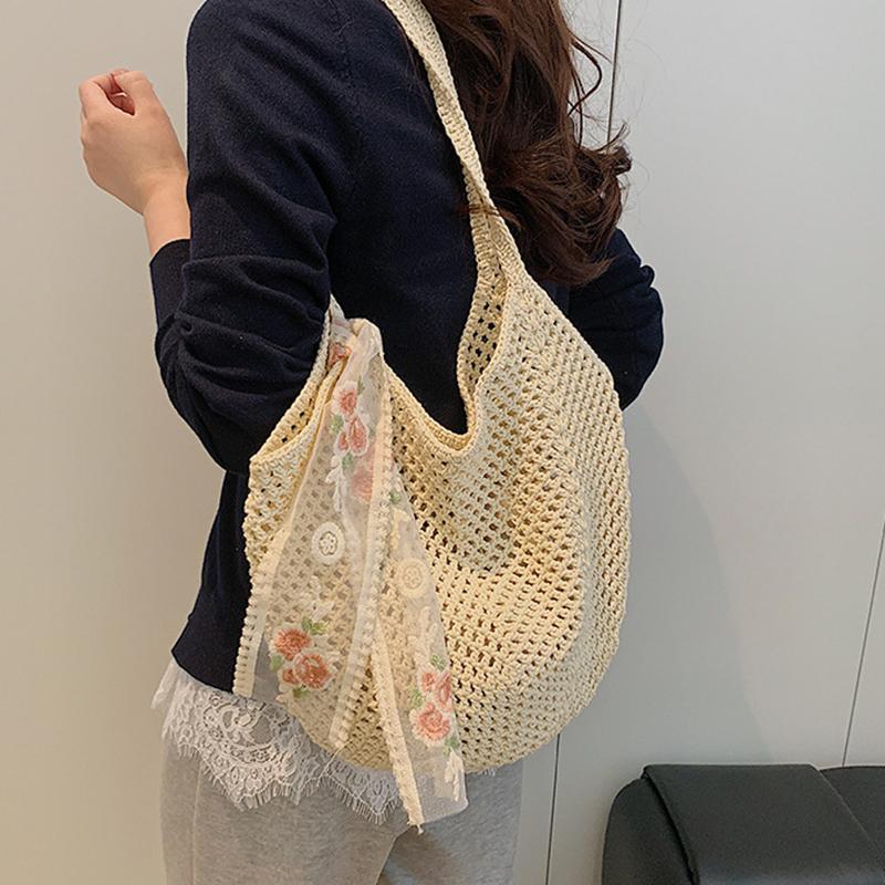 Summer Lace Bow Tote Bags Women Raffia Knitting Woven Shoulder Bag 2025 Rattan Large Casual Crochet Shopping Bag Ladies Handbag
