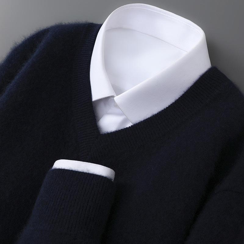 Men’s Pure Wool V-neck Pullover - Casual Loose Knitwear for Autumn/Winter