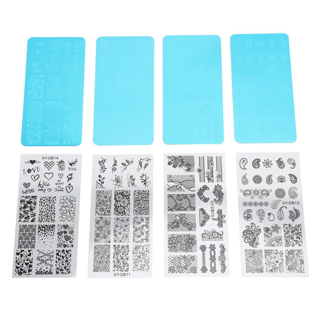 4pcs French Nail Art Stamping Plate Nail Stamping Image Plate Nail Printing Steel Plate with Transparent Films for Nail
