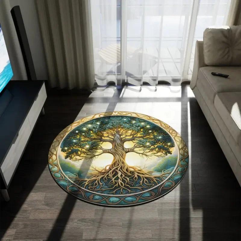 Celtic Tree of Life Chenille Large Round Area Rug Nature Mandala Design Ancient Spiritual Decor Bedroom Living Room Circle Rug