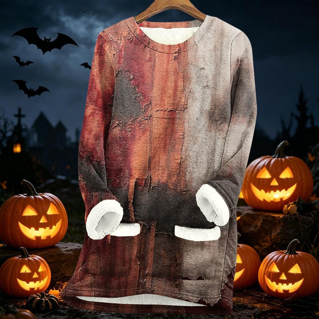 Women's Long Sleeve Pullover Fleece Lined Sweatshirt Cozy Thick Warm Lamb Wool Autumn Winter Top Halloween Print