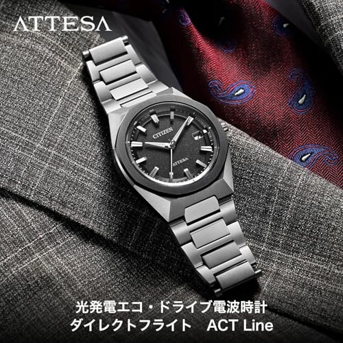 [Citizen] Atessa Light Powered Eco-Drive Radio Watch Waterproof Business Black Octagonal Bezel CB3044-55E Men's Silver