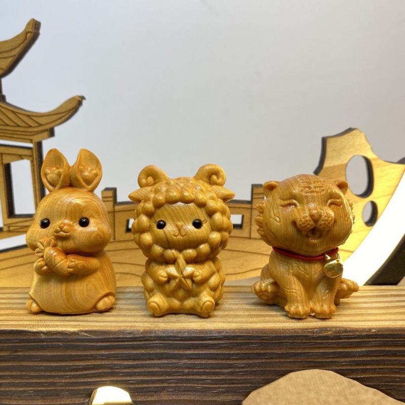 Chinese Zodiac Wood Carving: Radish Rabbit Pendant & Desktop Ornament