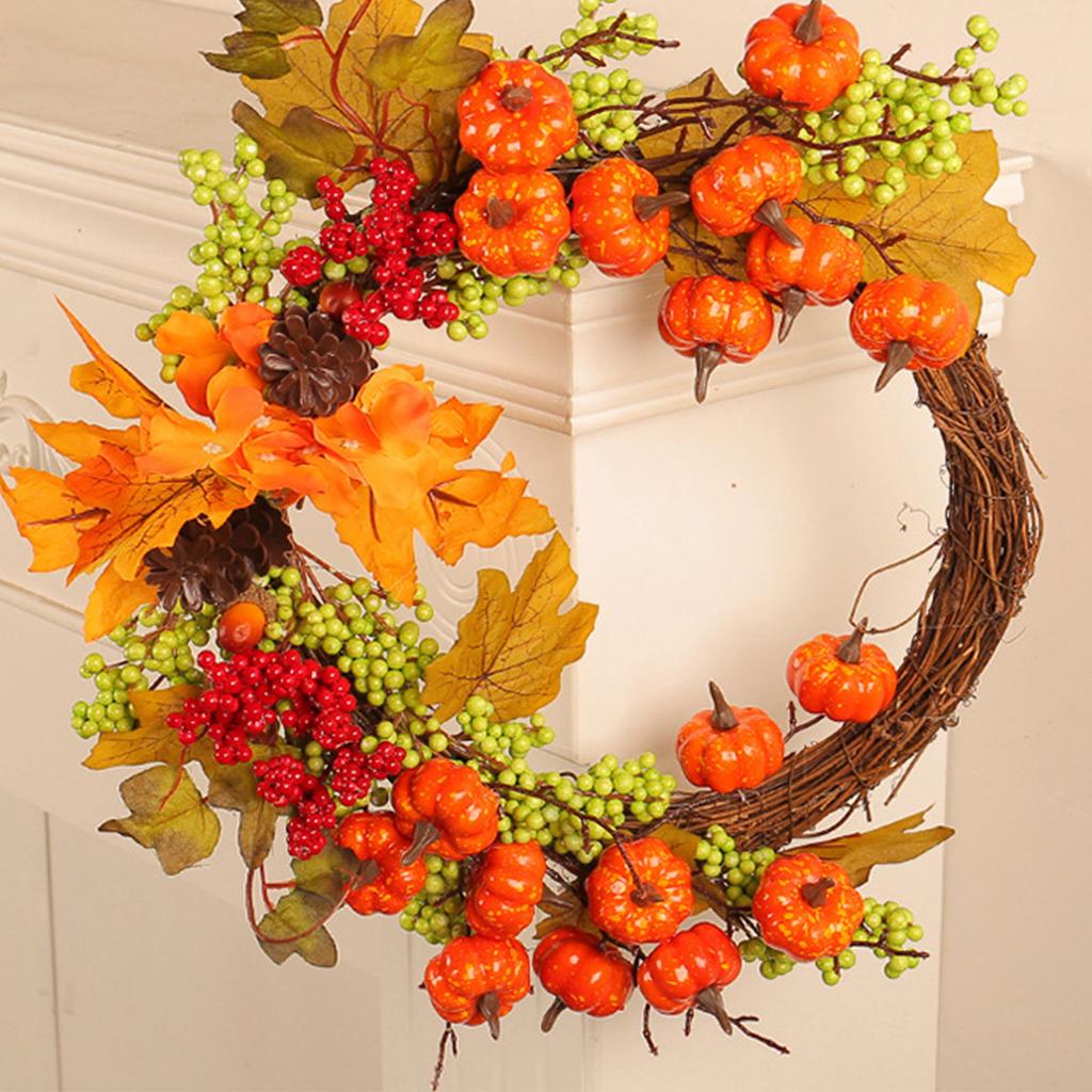 Fall Wreath for Front Door Hanging Pumpkin Maples Wreaths Home Halloween Decorations for Harvest Thanksgiving Supplies
