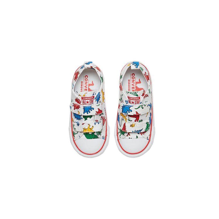 Converse Chuck Taylor All Star Low Velcro TD Estampa Dinoverso Tênis de Bebê Branco Esmalte-Vermelho Totalmente-Azul 763713C