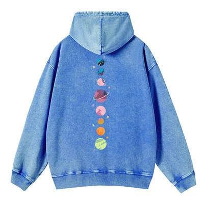 Trend Damen Acid Wash Hoodies Romantische Planeten Prints Sweatshirts Übergroße Tasche Baumwolle Straße Weiblich Streetwear