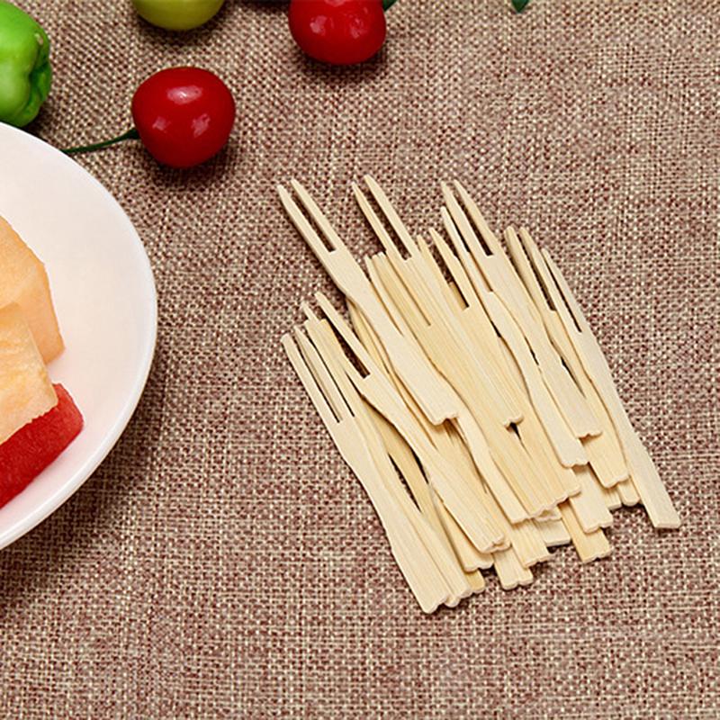 100Pcs/Set Bamboo Cocktail Forks Bbq Fruit Pick Beige 9Cm Stick Skewers