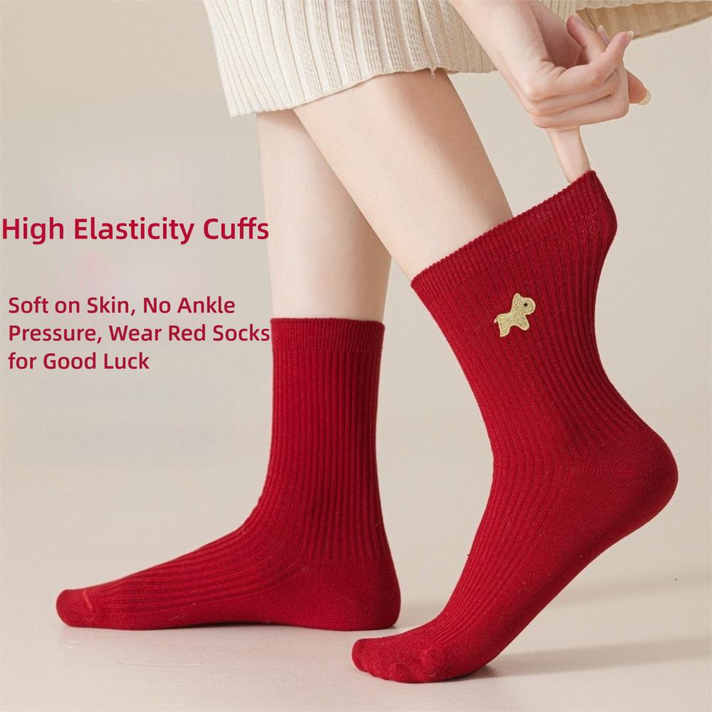 New Cartoon Embroidery Cotton Socks Red Casual Mid Tube Socks Sweat Absorption Anti-slip Socking Autumn Winter