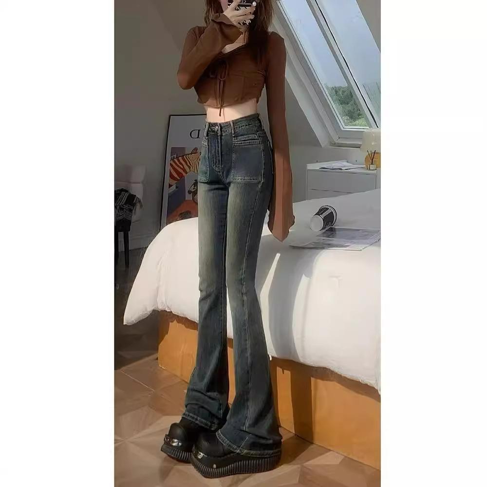 Retro Cement Gray High-Waist Flared Stretch Jeans - 2024 Winter Collection