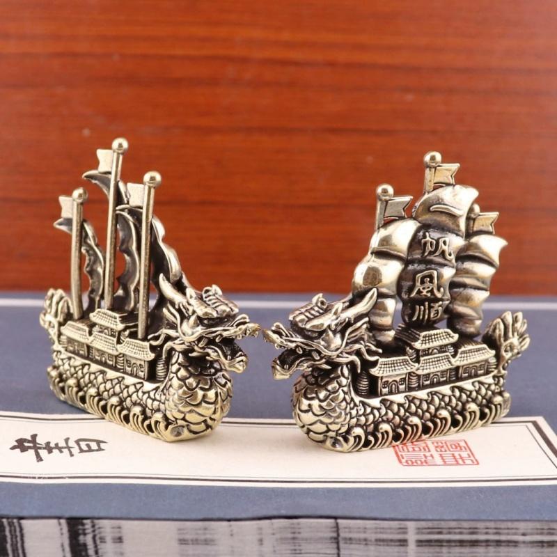 2026 Brass Dragon Boat Feng Shui Wealth Luck Mini Ornament for Office Desktop Living Room Home Decor Smooth Sailing Design