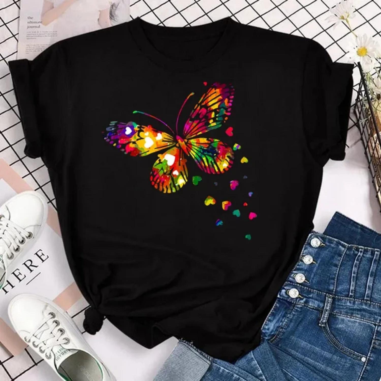 

New Colorful Butterfly Print Short Sleeve T Shirt Fashion Women T-shirt Cartoon Graphic Tee Shirts Female Tops Clothing S чёрный