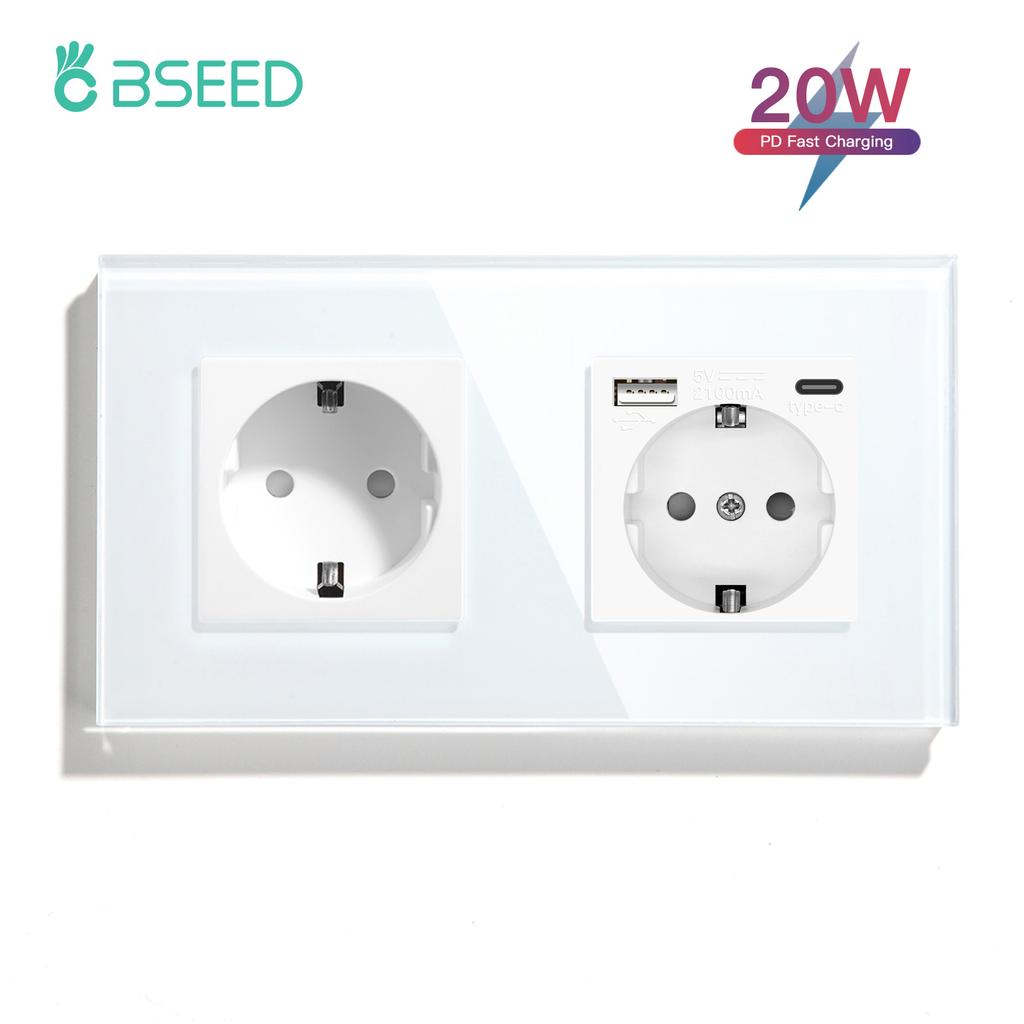 BSEED Double EU Wall Socket Type-c USB Power Sockets Android Apple Mobile Phone Charging Ports Glass Panel 16A
