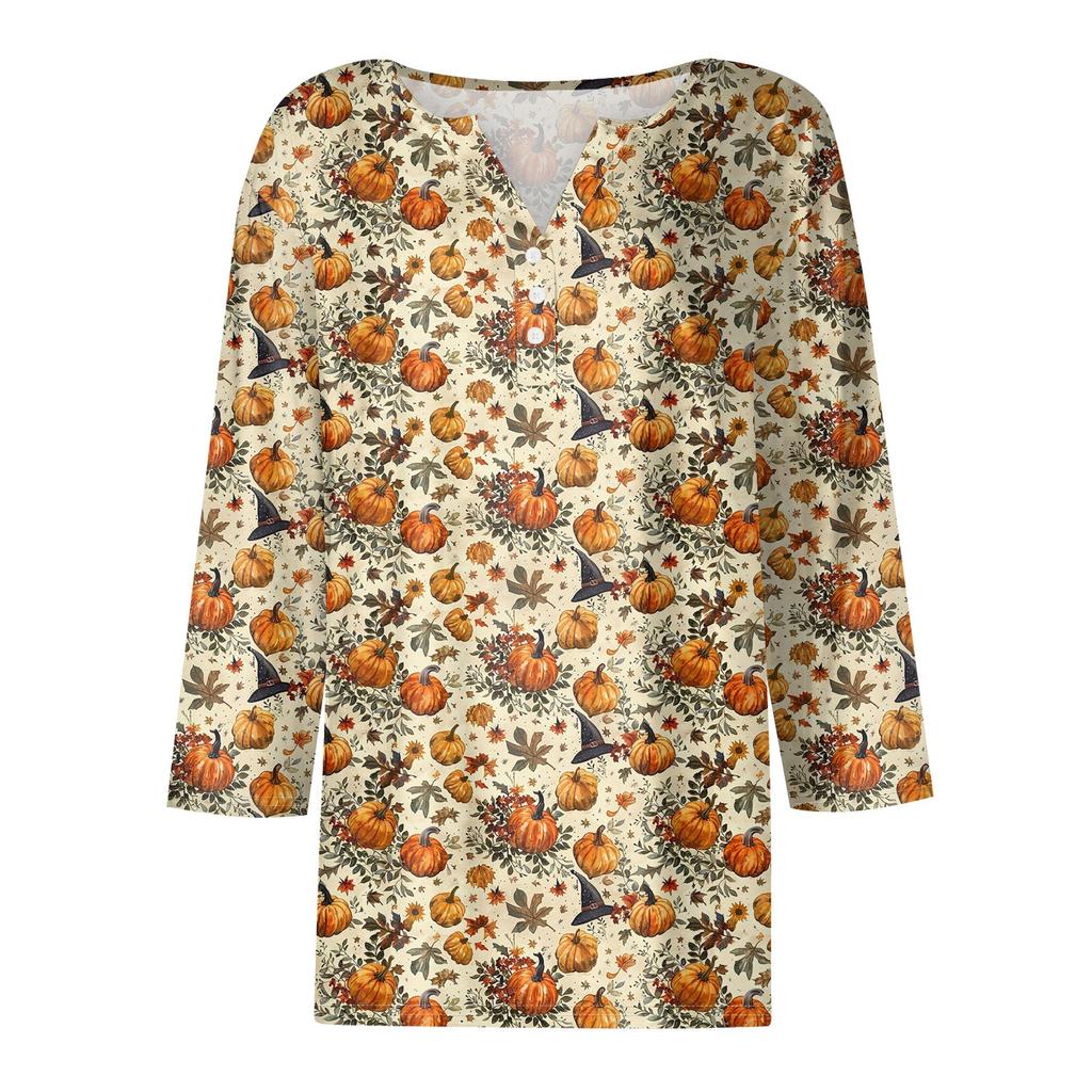 Damesmode Casual Halloween Print V-hals Korte Mouw Decoratieve Knop Driekwart Mouw T-shirt Top
