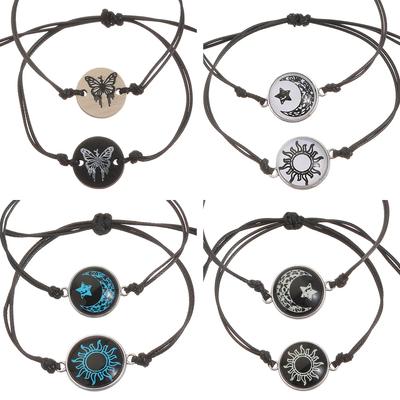 2Pcs Luminous Butterfly Sun Moon Star Couple Bracelets for Women Men Handmade Braided Rope Lover Matching Bracelet Jewelry Gift