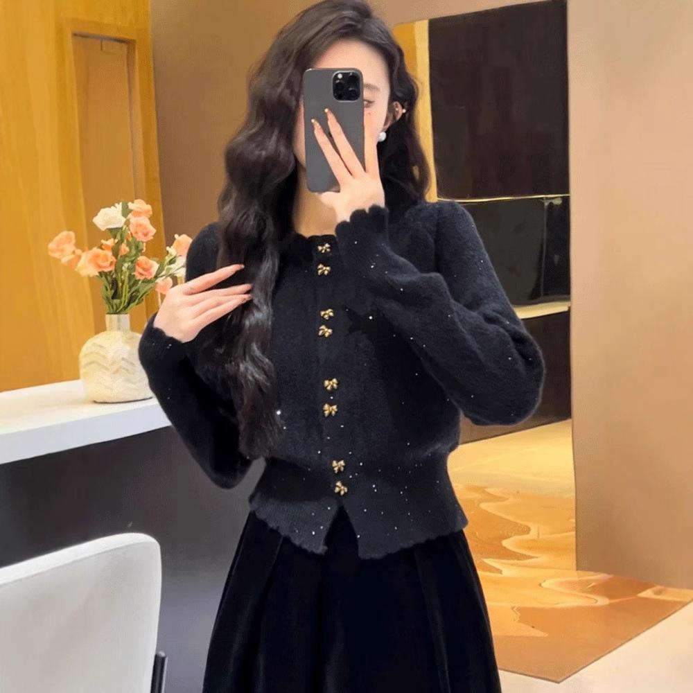 French small fragrant lace solid color short sweater jacket spring and autumn new top elegant wind knitted sweater women