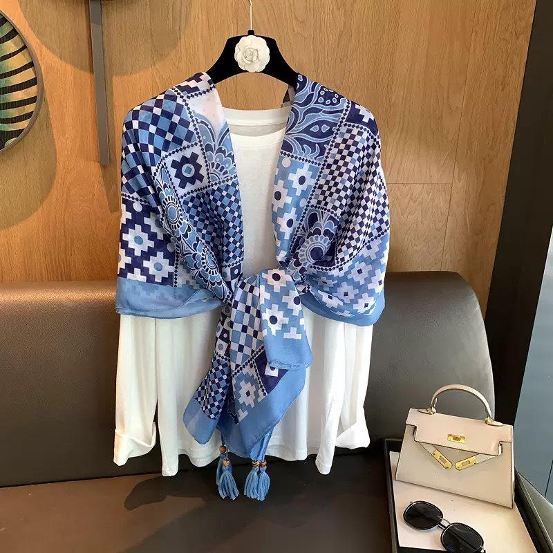 Yunnan Ethnic Tassel Tie-Dye Blue Scarf - Fashionable Travel & Sun Protection Shawl
