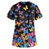 Fashion Butterfly Print V Neck Work Tops With Pockets Short Sleeve Women