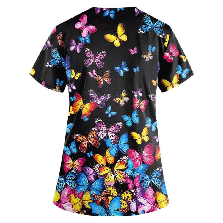 Fashion Butterfly Print V Neck Work Tops With Pockets Short Sleeve Women