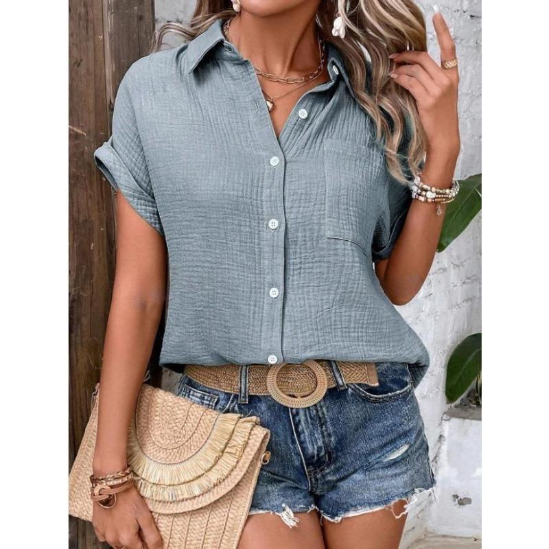 Women lapel collar crinkle textured short sleeve shirt solid multi color loose fit beach casual button down blouse