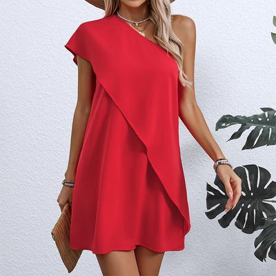 Women Summer Single Shoulder Solid Color Evening Party One Piece Dress