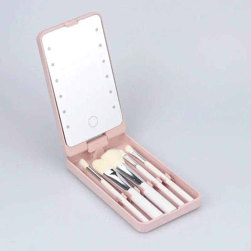 Portable Makeup Mirror With 5 Brushes Storage Box Rotatable LED Touch One-Face Storage Box Foldable Compact Makeup Mirror