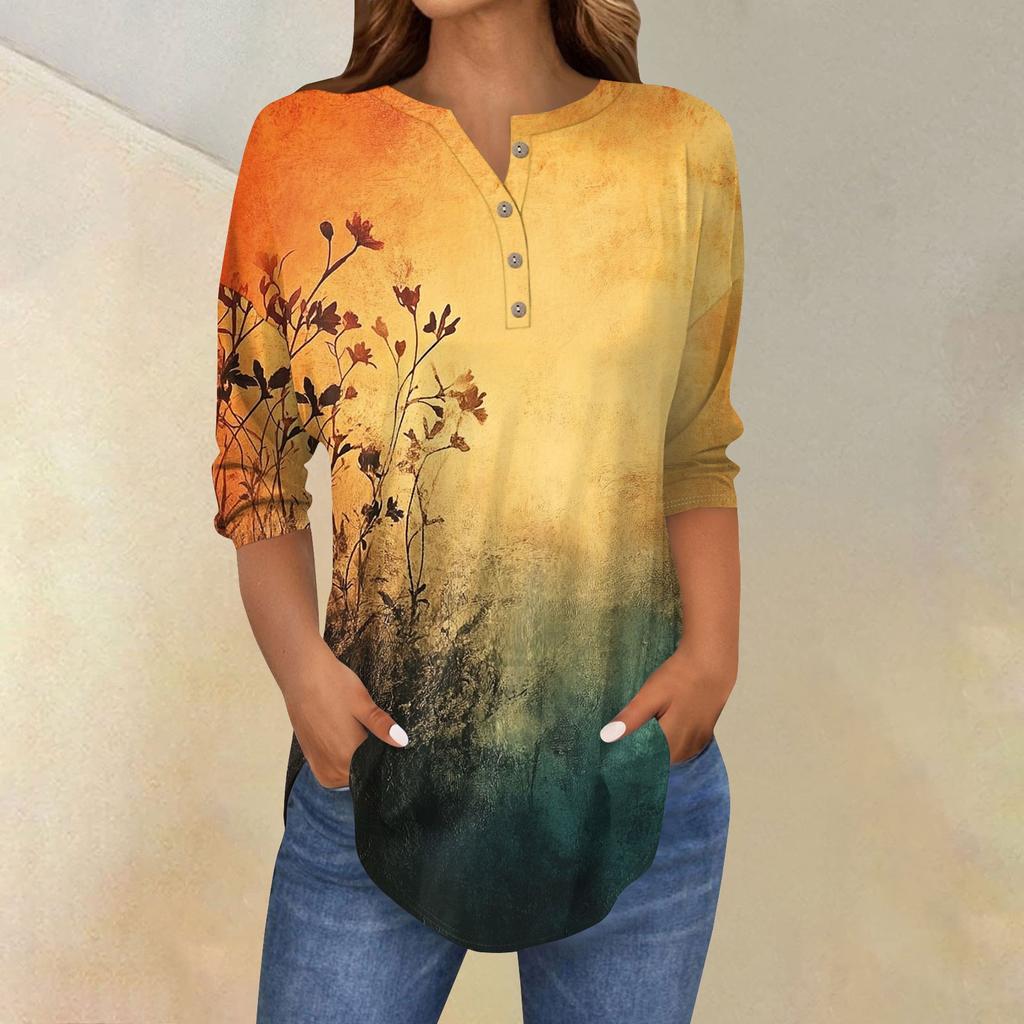 3/4 Length Sleeve Womens Tops Summer T-Shirts Floral Print V Neck Casual Basic Tee Button Shirts Tunic Tops