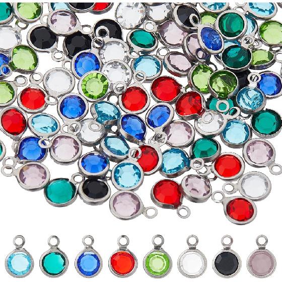 112pcs Crystal Birthstone Pendants 8 Colors Round Glass Rhinestone Charms Stainless Steel Crystal Charms with Jump Rings for Jewelry Necklace
