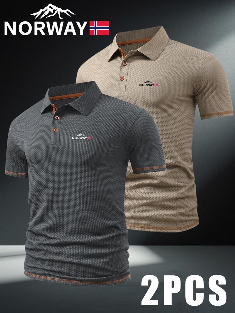 2pcs NORWAY Patterned Men's Polo Shirts - Short-Sleeved & Color-Blocking, Men's Business Casual T Shirts Breathable for Spring And Summer