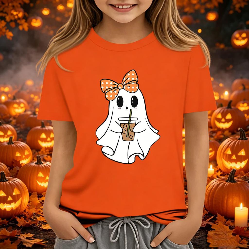 Kids Halloween Printed Short Sleeve T-Shirt, Round Neck Loose Fit Top for Boys Girls Casual Wear