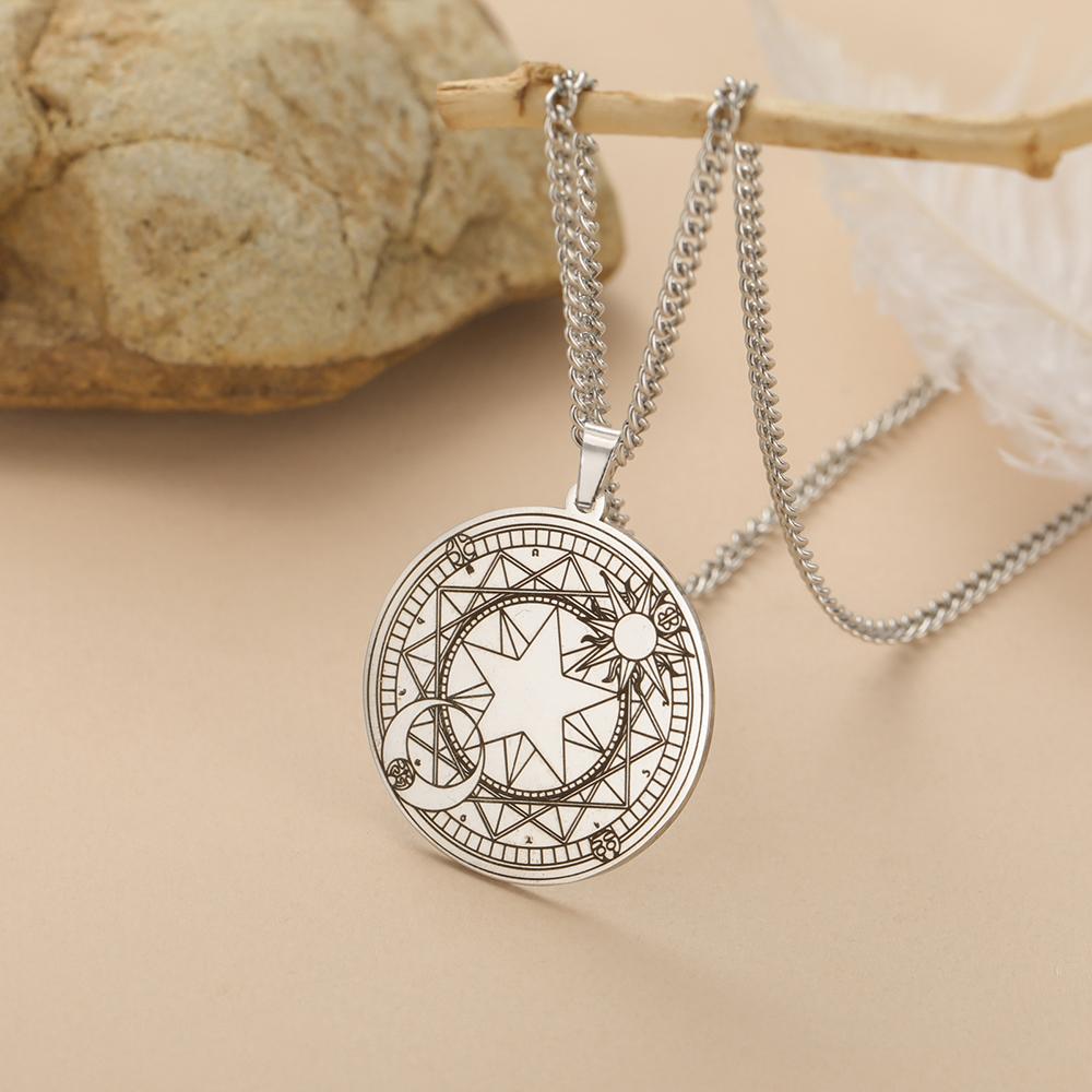 Dawapara Pentagram Crescent Necklace Sakura Magic Circle Sun Moon Star Magic Array Good Luck Amulet Stainless Steel Jewelry