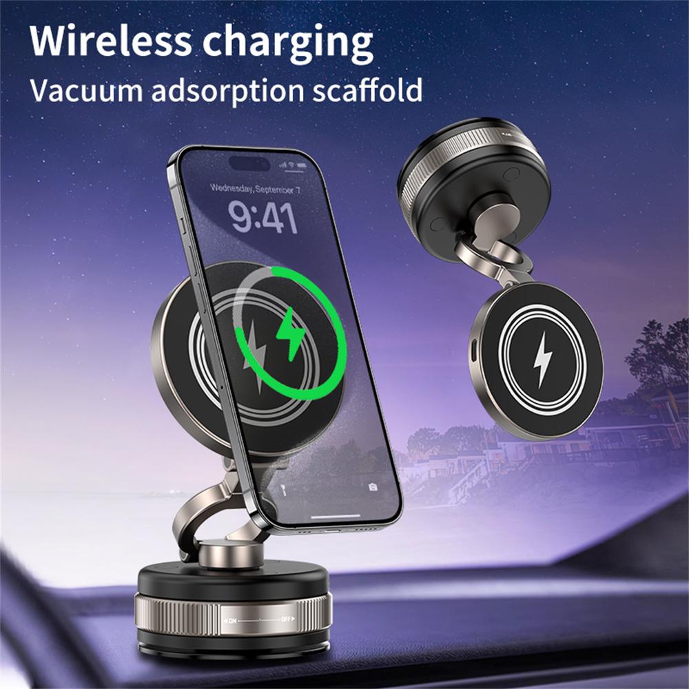 D1W Magnetic Car Phone Holder Wireless Charger 360° Foldable Vacuum Suction Phone Mount Stand - Black